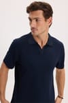 Erkek Slim Fit Dar Kesim Pamuklu Kısa Kollu Çizgili Lacivert Polo V Yaka Tişört