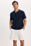 Erkek Slim Fit Dar Kesim Pamuklu Kısa Kollu Çizgili Lacivert Polo V Yaka Tişört