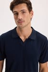 Erkek Slim Fit Dar Kesim Pamuklu Kısa Kollu Çizgili Lacivert Polo V Yaka Tişört