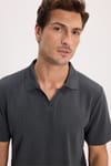 Erkek Slim Fit Dar Kesim Pamuklu Kısa Kollu Çizgili Antrasit Polo V Yaka Tişört