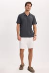 Erkek Slim Fit Dar Kesim Pamuklu Kısa Kollu Çizgili Antrasit Polo V Yaka Tişört