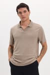 Erkek Slim Fit Dar Kesim Pamuklu Kısa Kollu Çizgili Vizon Polo V Yaka Tişört
