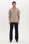 Erkek Slim Fit Dar Kesim Pamuklu Kısa Kollu Çizgili Vizon Polo V Yaka Tişört