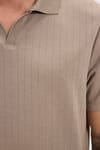 Erkek Slim Fit Dar Kesim Pamuklu Kısa Kollu Çizgili Vizon Polo V Yaka Tişört