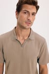 Erkek Slim Fit Dar Kesim Pamuklu Kısa Kollu Çizgili Vizon Polo V Yaka Tişört
