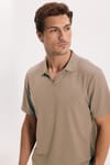 Erkek Slim Fit Dar Kesim Pamuklu Kısa Kollu Çizgili Vizon Polo V Yaka Tişört
