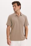 Erkek Slim Fit Dar Kesim Pamuklu Kısa Kollu Çizgili Vizon Polo V Yaka Tişört
