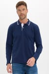 Erkek Slim Fit Dar Kesim %100 Pamuk Uzun Kollu Lacivert Polo Yaka Tişört