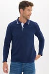 Erkek Slim Fit Dar Kesim %100 Pamuk Uzun Kollu Lacivert Polo Yaka Tişört