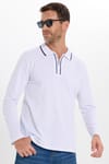 Erkek Slim Fit Dar Kesim %100 Pamuk Uzun Kollu Fermuarlı Beyaz Polo Yaka Tişört