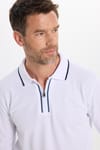 Erkek Slim Fit Dar Kesim %100 Pamuk Uzun Kollu Fermuarlı Beyaz Polo Yaka Tişört