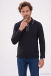 Erkek Slim Fit Dar Kesim %100 Pamuk Uzun Kollu Fermuarlı Siyah Polo Yaka Tişört