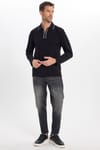 Erkek Slim Fit Dar Kesim %100 Pamuk Uzun Kollu Fermuarlı Siyah Polo Yaka Tişört