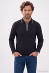 Erkek Slim Fit Dar Kesim %100 Pamuk Uzun Kollu Fermuarlı Siyah Polo Yaka Tişört