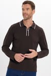 Erkek Slim Fit Dar Kesim %100 Pamuk Uzun Kollu Fermuarlı Kahverengi Polo Yaka Tişört