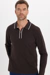 Erkek Slim Fit Dar Kesim %100 Pamuk Uzun Kollu Fermuarlı Kahverengi Polo Yaka Tişört