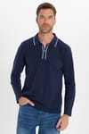 Erkek Slim Fit Dar Kesim %100 Pamuk Uzun Kollu Fermuarlı Lacivert Polo Yaka Tişört
