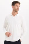 Erkek Slim Fit Dar Kesim Pamuklu Ekstra Soft Modal Kumaş Çizgili Beyaz Polo Yaka Sweatshirt