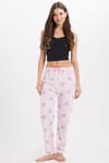 Kadın Regular Fit Klasik Kesim Viskon Beli Lastikli Fiyonk Detaylı Baskılı Pembe Pijama Altı