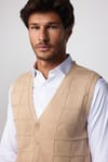 Slim Fit Kare Desenli Taş Rengi Erkek Yelek