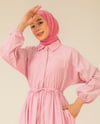Çizgili Boydan Düğmeli Pembe Elbise