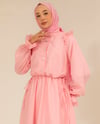 Çizgili Yarım Düğmeli Pembe Elbise