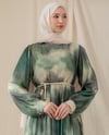 Hasır Kemerli Desenli Yeşil Şifon Elbise