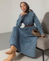 Kemerli Sırt Fermuarlı Mavi Denim Elbise