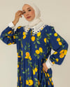 Limon Desenli Dantel Yaka Lacivert Elbise