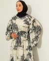 Oversize Desenli Belden Bağcıklı Siyah Keten Elbise