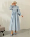 Oversize Yarım Düğmeli Bebe Mavisi Kabartma Kumaş Elbise