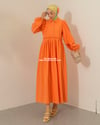 Oversize Yarım Düğmeli Turuncu Kabartma Kumaş Elbise