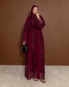 Şal Detaylı Çiçek Desenli Bordo Abaya