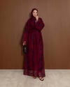 Şal Detaylı Çiçek Desenli Bordo Abaya