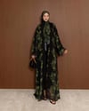 Şal Detaylı Desenli Siyah-Yeşil Abaya