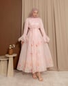 Volan Detaylı Desenli Pembe Elbise