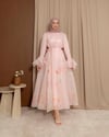 Volan Detaylı Desenli Pembe Elbise