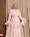 Volan Detaylı Desenli Pembe Elbise