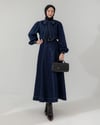 Yaka Bağcıklı Koyu Lacivert Denim Takım