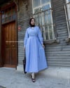 Yandan Bağcıklı Çizgili Buz Mavi Elbise