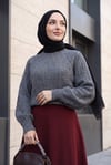 Ajurlu Desenli Balon Kol Triko Kazak -Füme