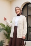 Ajurlu Ponpon Detaylı Desenli Triko Hırka -Taş rengi