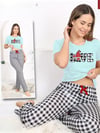 Altı Ekoseli Yazı Desenli Kısa Kollu Pijama Takımı  -Su Yeşili-Pijama-416-58415-R36