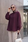 Arkası Uzun Oval Kesim Düğmeli Oversize Gömlek -Mürdüm