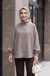 Arkası Uzun Oval Kesim Düğmeli Oversize Gömlek -Açık Kahverengi