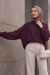 Arkası Uzun Oval Kesim Düğmeli Oversize Gömlek -Mürdüm