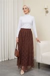 Asimetrik Kesim Astarlı Beli Lastikli Tül Etek -Kahve-Etek-386-6286-R15