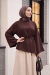 Asimetrik Kesim Beli Bağcıklı Oversize Modal Tunik  -Koyu Kahverengi