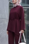 Asimetrik Kesim Beli Kemerli Pantolonlu Oversize Penye Takım -Mürdüm