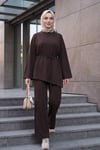 Asimetrik Kesim Beli Kemerli Pantolonlu Oversize Penye Takım -Kahverengi